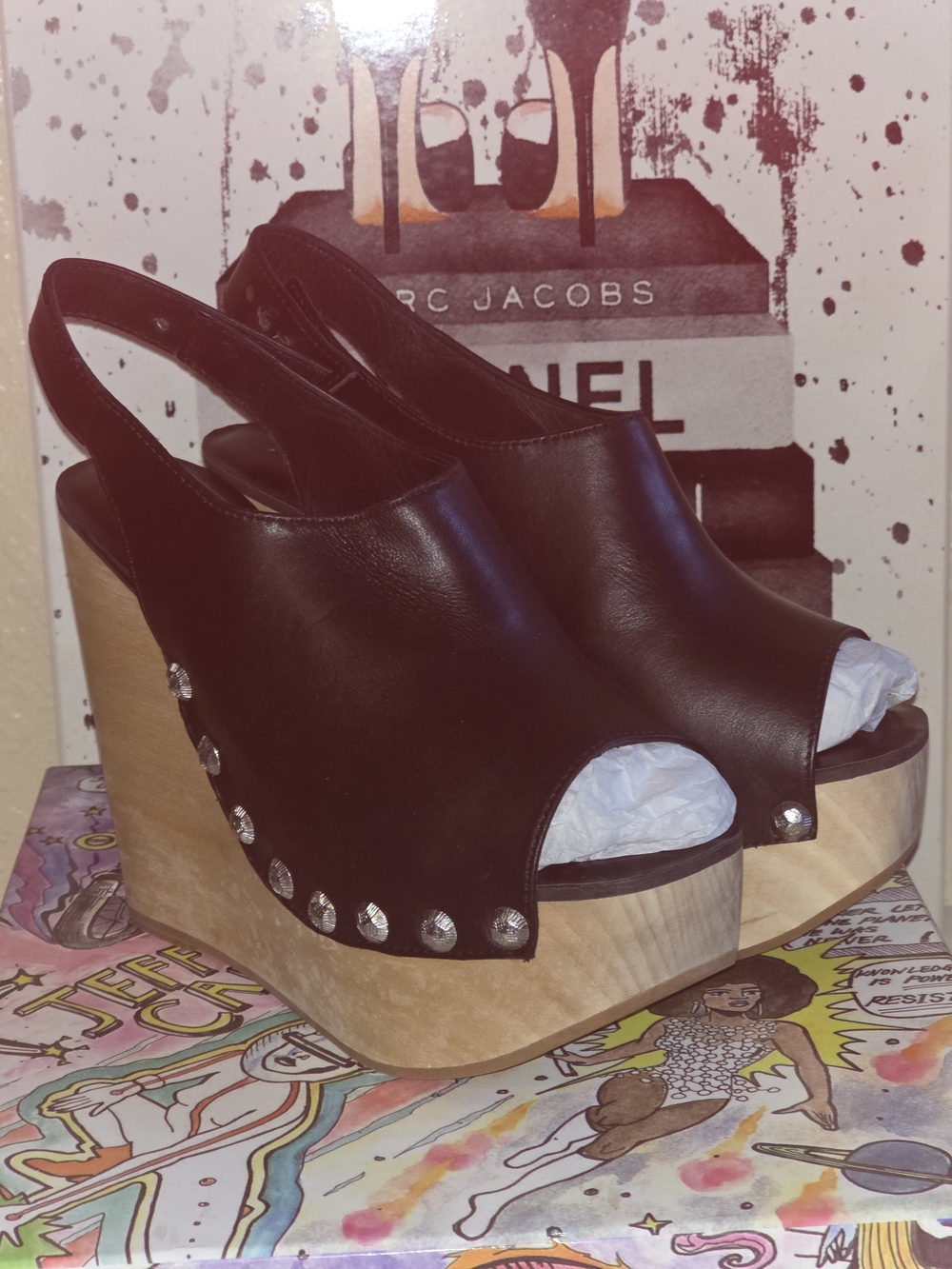 Jeffrey Campbell X Free People Black Leather Studded Slingback Wedge Sandals - Picture 2 of 13